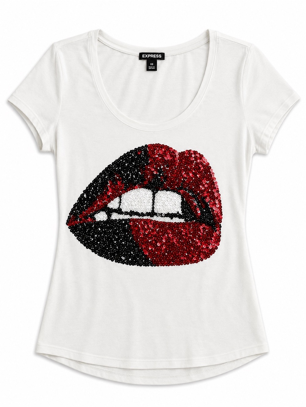 Express White Scoop Neck Tee with Red & Black Sequin Lip Graphic